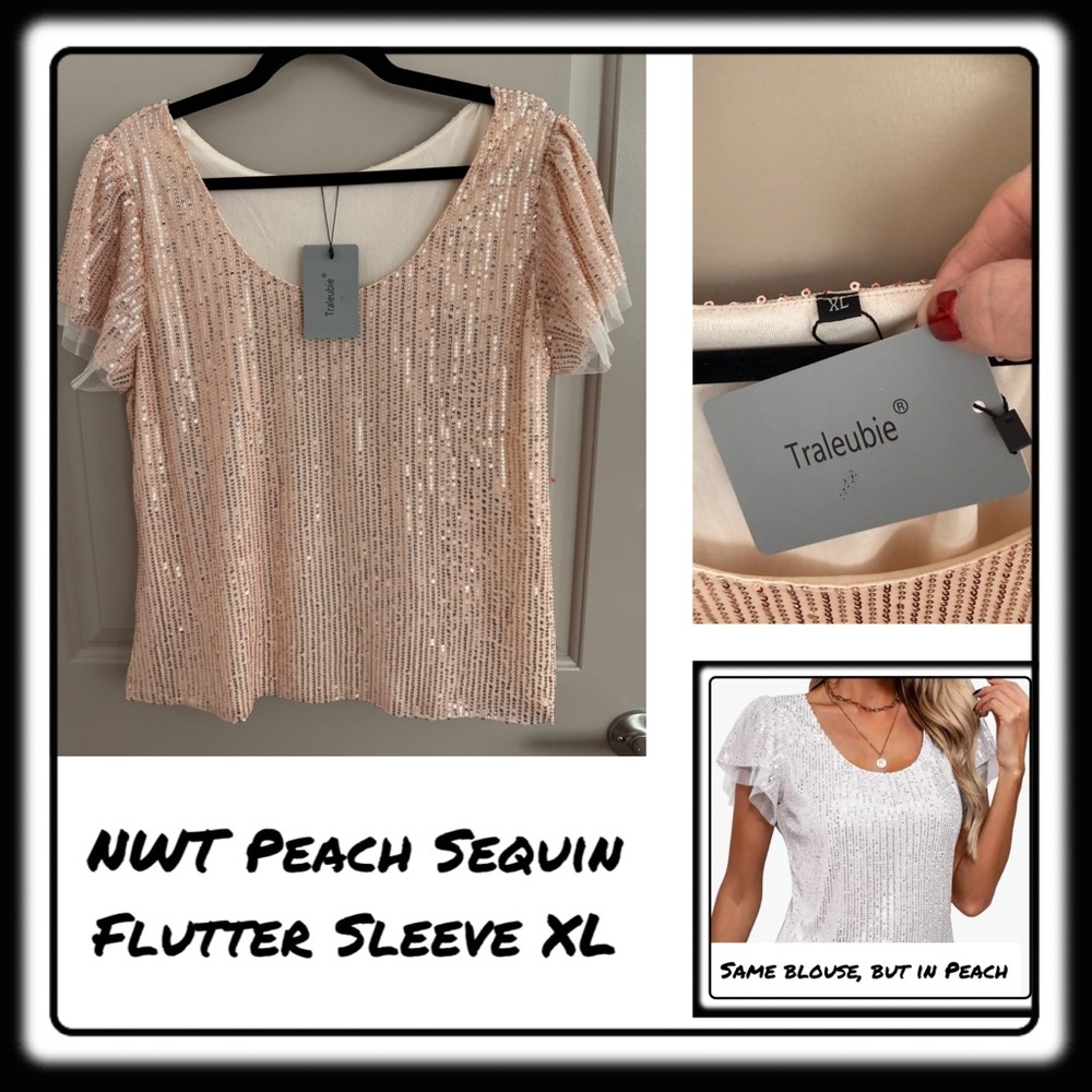 NWT Peach Sequin SPARKLY Party Top XL Flutter Sleeve Scoop Neck